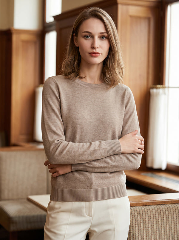 The Nora Fine-Knit Crewneck Sweater in Beige