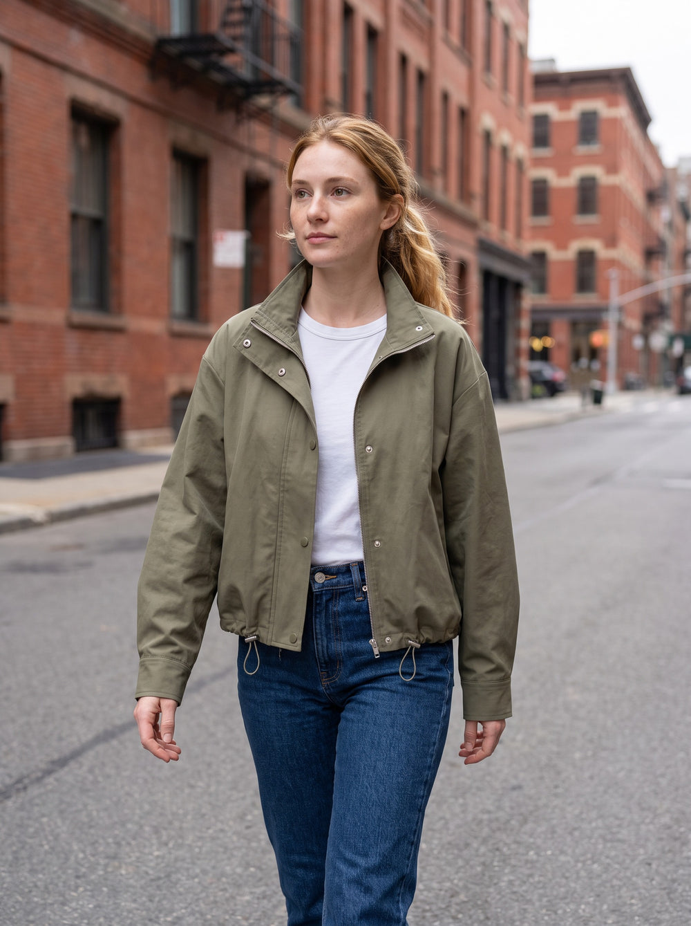 The Quinn Cropped Stand-Collar Jacket in Army Green