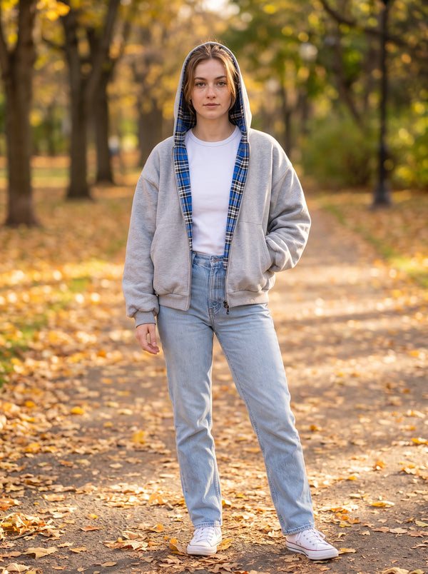 Reversible Zip Front Hooded Sweatshirt in Grey
