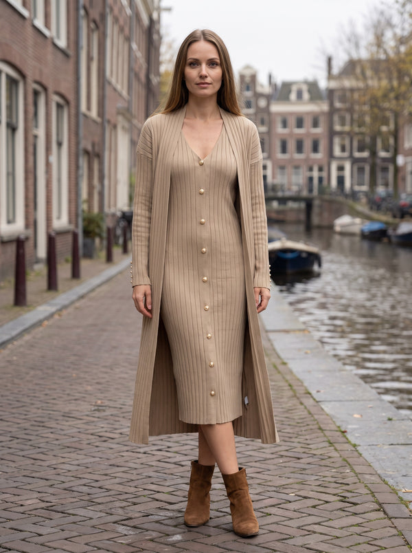 Ribbed Knit Longline Cardigan & Sleeveless V-Neck Dress Set in Khaki