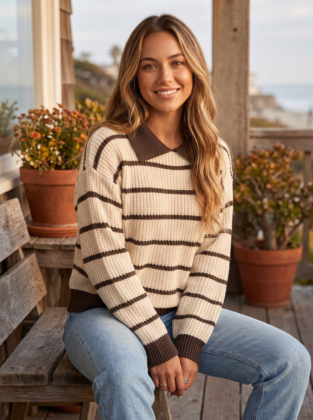 The Rory Striped Polo-Collar Sweater in Brown Stripe