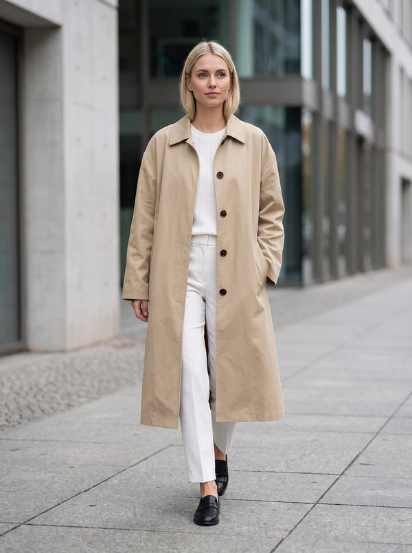 Oversized Single-Breasted Notch-Lapel Long Trench Coat in Light khaki