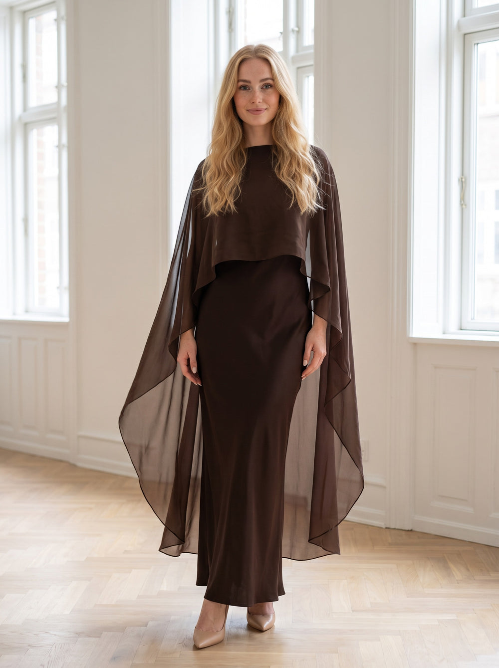 The Valérie Two-Piece Chiffon Cape-Shawl & Column Maxi Dress Set in Brown
