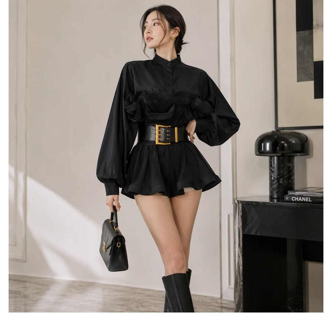 The Aurelia Pleated Ruffle Stand-Collar Blouse